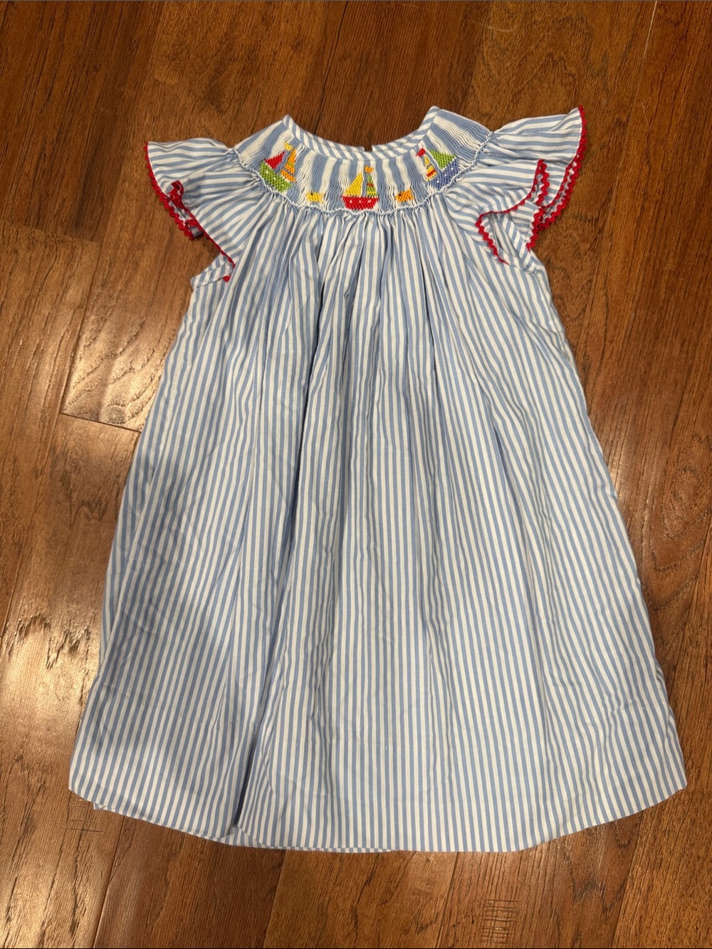 Girls' Blue & White Striped Smocked Sailboat Dress with Red Trim
